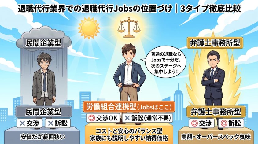 退職代行業界での退職代行Jobsの位置づけ｜3タイプ徹底比較