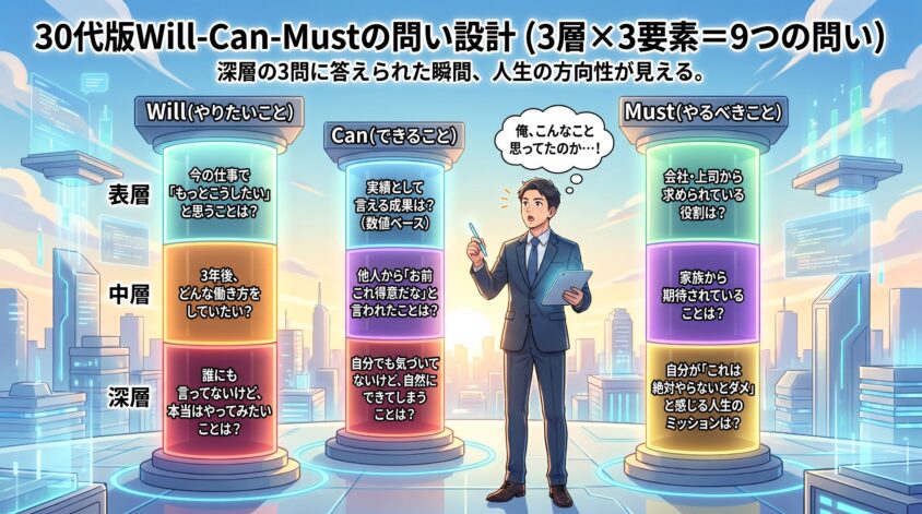 30代版Will-Can-Mustの問い設計（3層&times;3要素＝9つの問い）