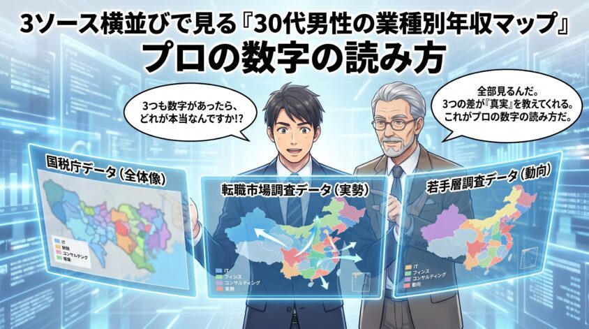 国税庁・転職市場調査・若手層調査 ─ 3ソース横並びで見る30代男性の業種別年収マップ