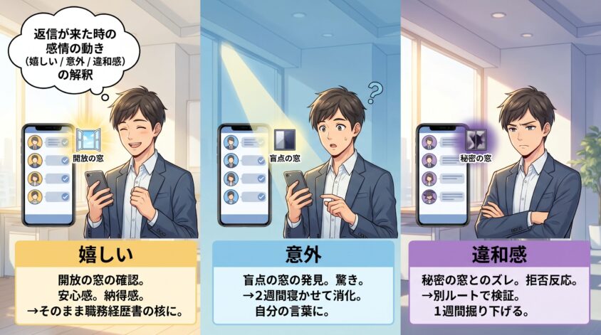 返信が来た時の感情の動き（嬉しい／意外／違和感）の解釈