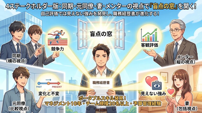 4ステークホルダー版：同期・元同僚・妻・メンターの4人