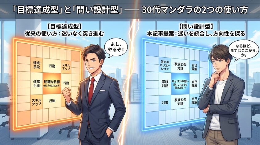 目標達成型と問い設計型 ── 30代マンダラの2つの使い方
