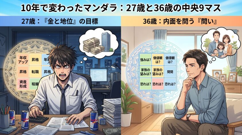 10年で変わったマンダラ ── 27歳と36歳の中央9マス