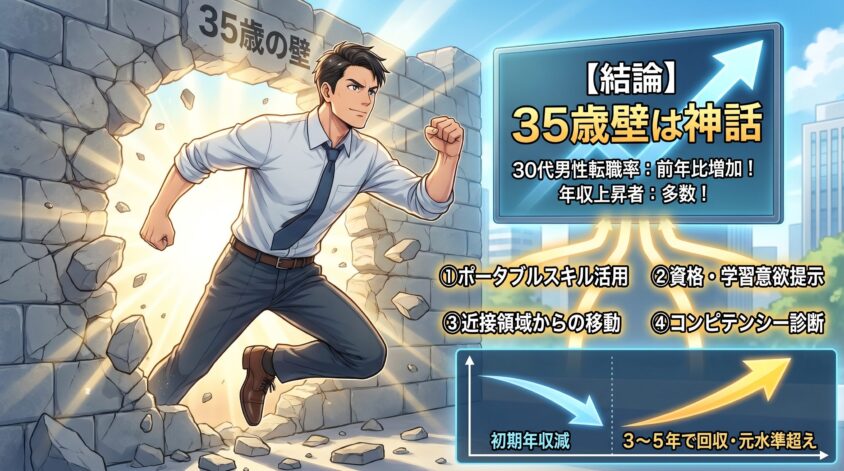 【結論】35歳壁は神話。30代男性の転職率は前年比増加、年収上昇者も40.5%