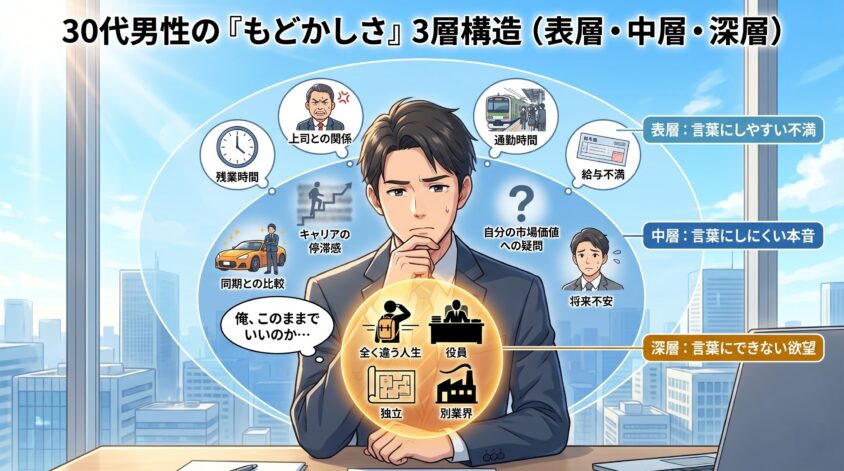 30代男性の「もどかしさ」3層構造（表層・中層・深層）