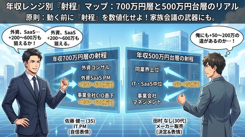年収レンジ別の射程マップ ─ 700万円層と500万円台層、それぞれの+幅