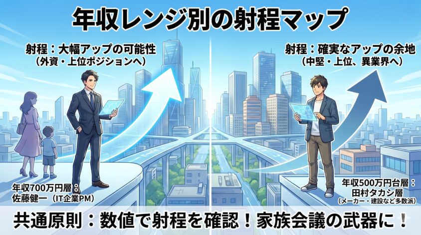 年収レンジ別の射程マップ ─ 700万円層と500万円台層、それぞれの+幅