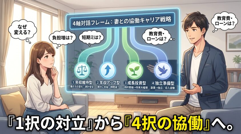 4軸対話フレーム：年収維持型／アップ型／成長投資型／独立準備型