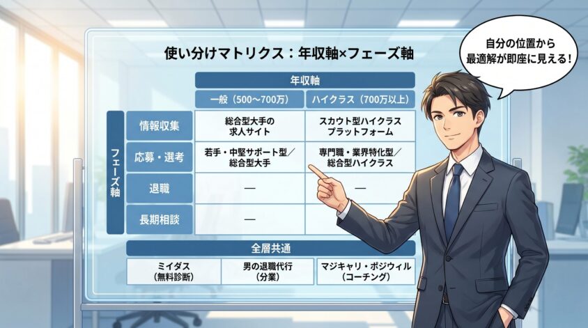 使い分けマトリクス：年収軸&times;フェーズ軸